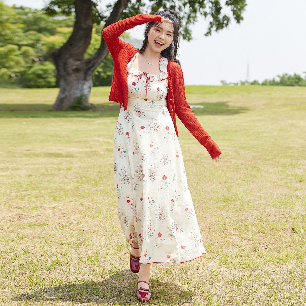 Sweetly.Sun 微胖大码显瘦碎花连衣裙/秋装休闲小开衫搭配套装