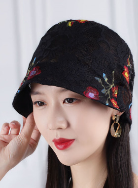 帽子女士包头帽新款薄款头巾蕾丝薄款渔夫帽空调春夏透气白发盆帽