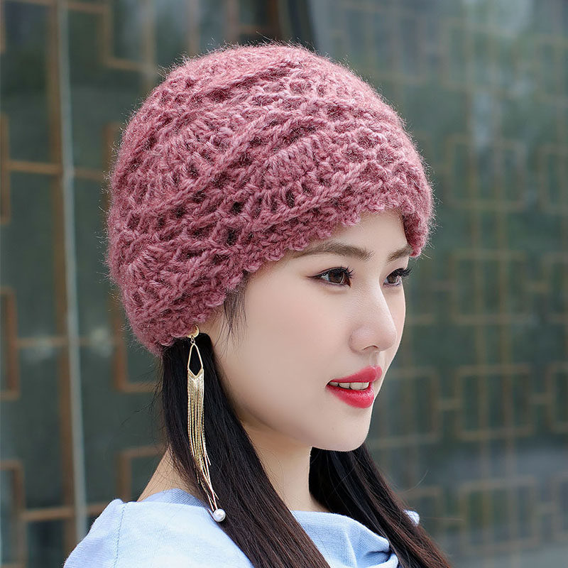 新款秋冬帽子女帽手工编织帽毛线帽针织帽松鼠绒妈妈帽钩花包头帽
