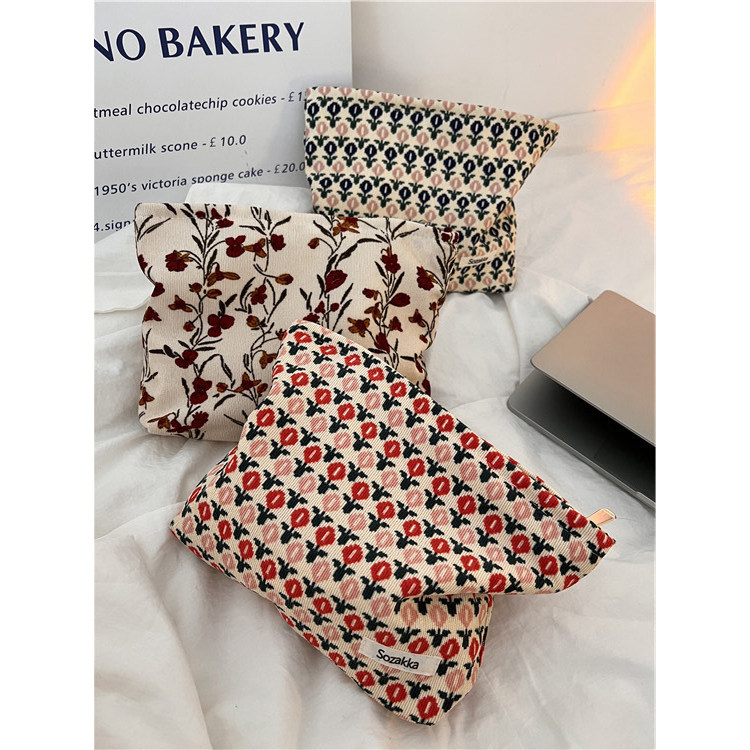 日系灯芯绒复古花朵化妆包大容量女士收纳袋出差旅行洗漱包手拿包,收纳整理,化妆包,淘宝优惠券,粉丝福利购,淘宝优惠卷