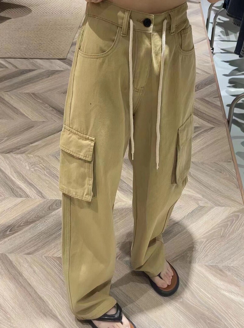 工装裤女春秋多口袋长裤纯棉女裤休闲裤高腰户外春季女士百搭米色