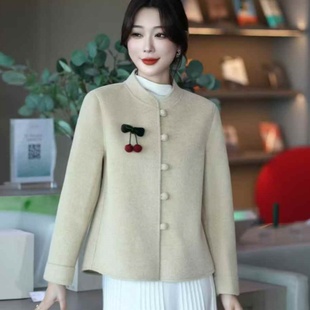 小香风立领盘扣毛呢外套女红色羊毛大衣短款2026春季新款双面绒