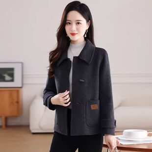 韩版牛角扣双面绒大衣外套短款秋冬新款妈妈装宽松双面羊毛呢外套