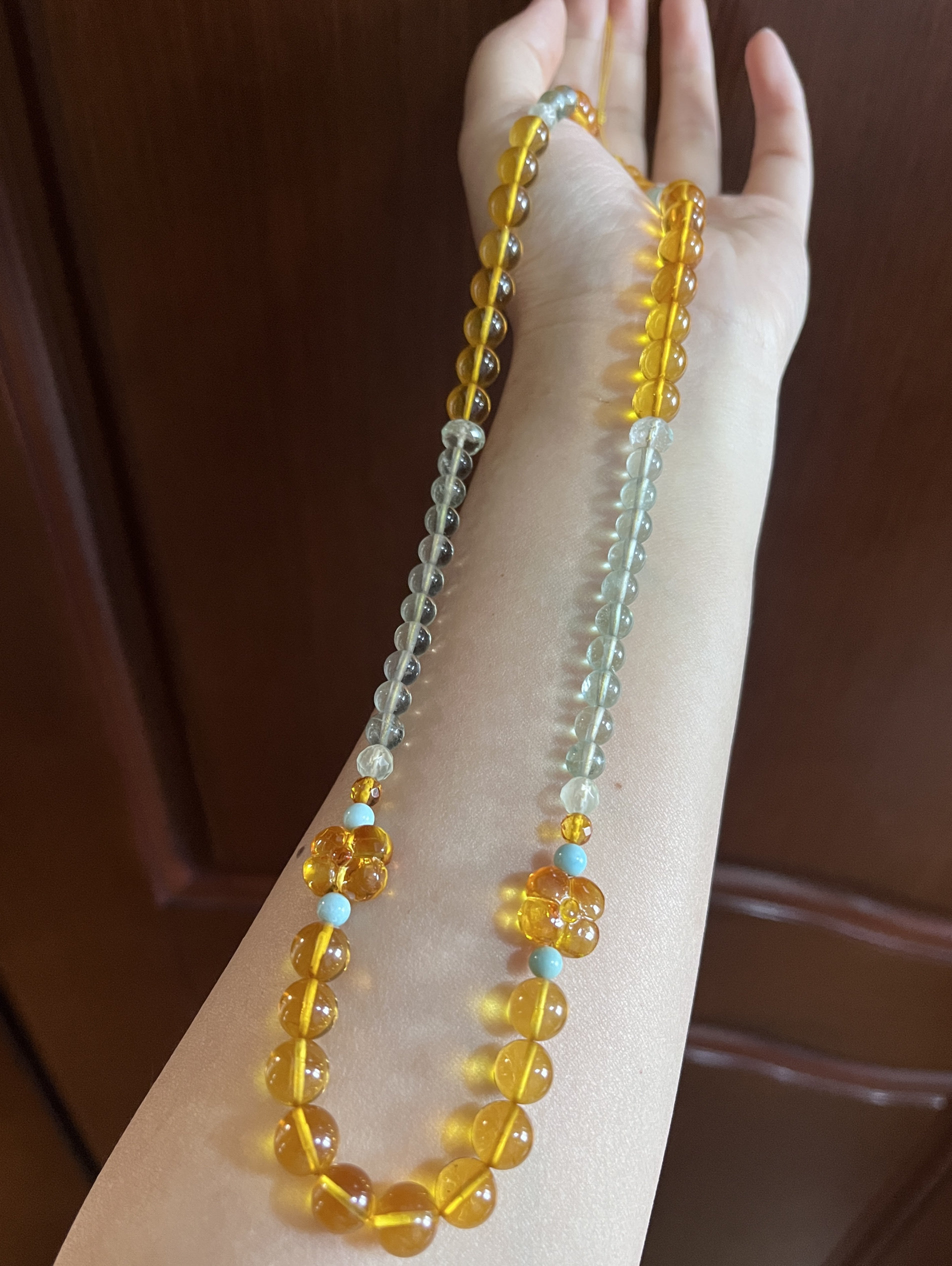 特惠 纯天然琥珀金珀原矿绿松石彩萤石项链多圈手链