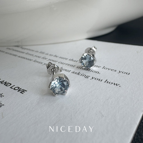 Niceday新款925纯银海蓝托帕石彩宝气质百搭简约法式高级感耳钉