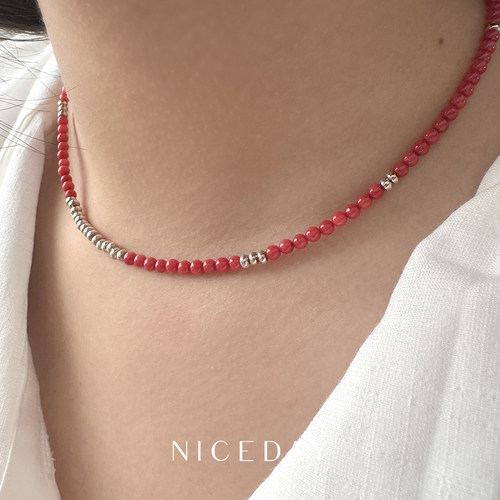 Niceday新款S925纯银珊瑚算盘银珠ins时尚休闲叠戴百搭手工项链
