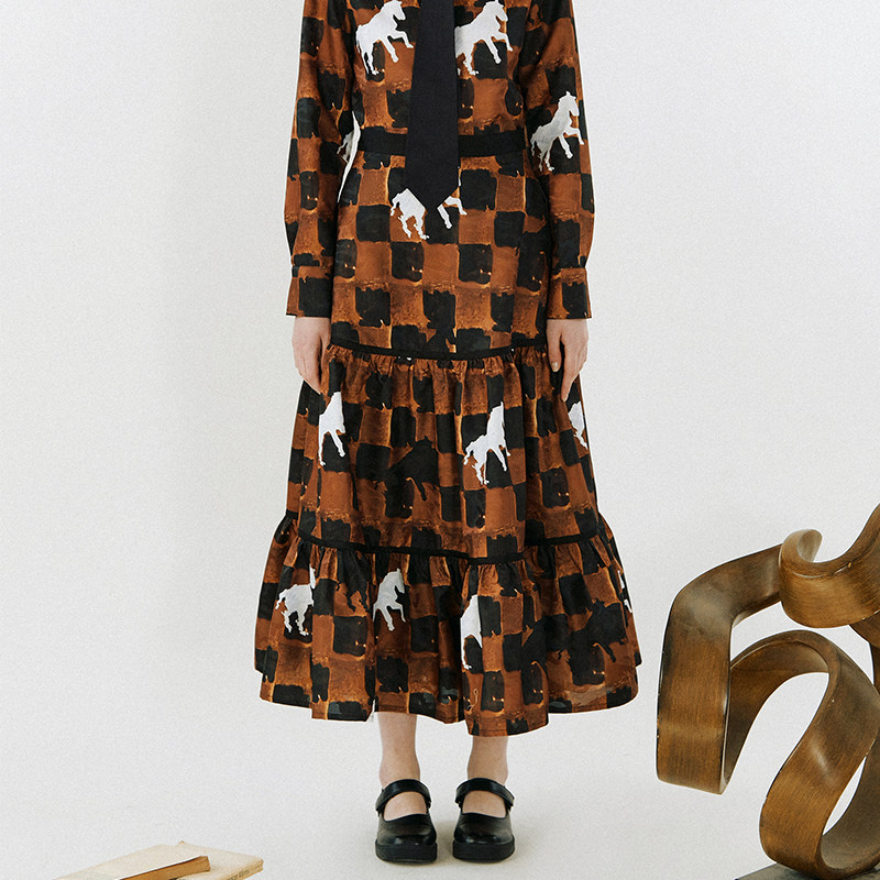 XUNRUO熏若 原创棋盘格小马印花抽褶拼接款长裙 设计师品牌半身裙,女装/女士精品,半身裙,淘宝优惠券,粉丝福利购,淘宝优惠卷
