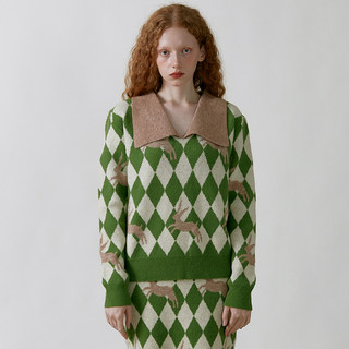 XUNRUO熏若明星同款 绿色菱格兔子毛衣翻领针织衫 独立设计师品牌