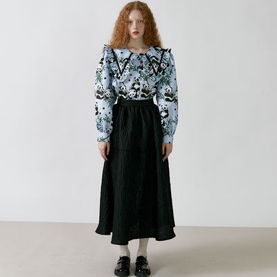 XUNRUO熏若熊猫印花大翻领衬衫