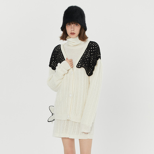 XUNRUO熏若 网眼黑白拼接镂空针织开衫毛衣女原创复古 设计师品牌