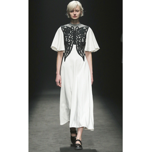 XUNRUO熏若 明星同款蝴蝶刺绣黑白气质长款连衣裙 独立设计师品牌