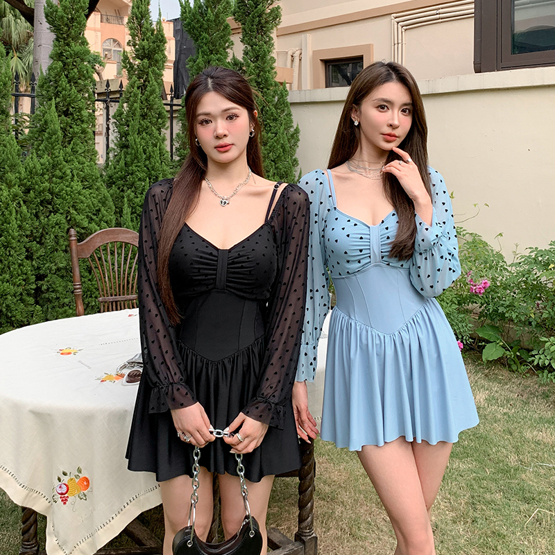 泡温泉泳衣女冬天大码连体原创高级长袖黑色2024新款胖mm遮肚显瘦