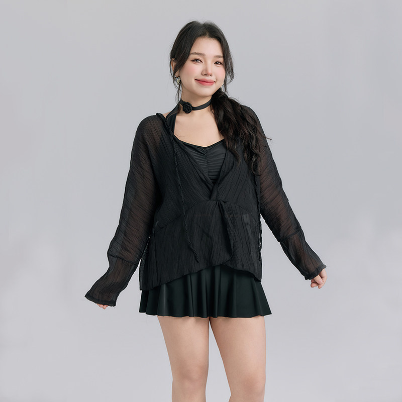 泡温泉度假比基尼三件套罩衫大码泳衣女高腰遮肚子微胖分体游泳衣