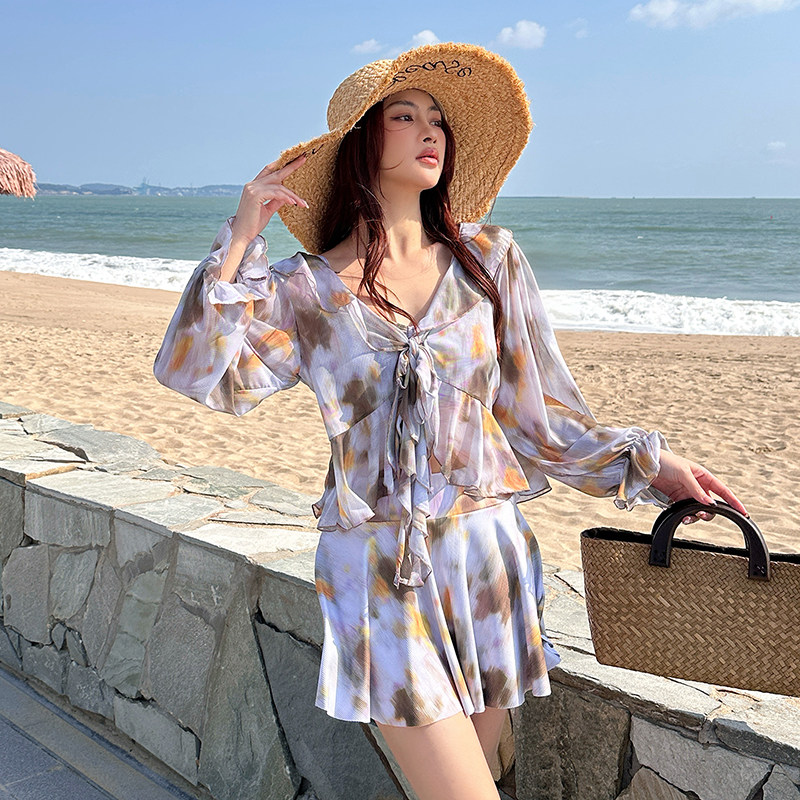 大码运动分体泳衣女胖mm三件套遮肚显瘦保守学生温泉长袖防晒罩衫