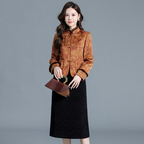 中式提花唐装棉衣貂绒连衣裙套裙