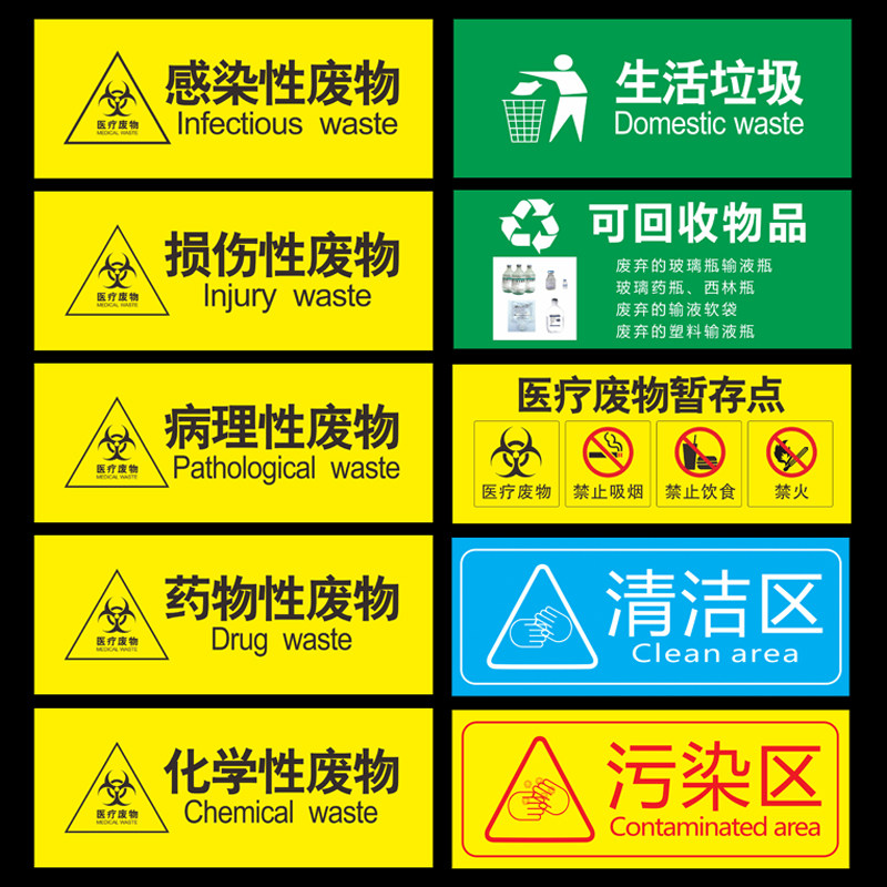 清洁区污染区医疗废物暂存点药物病理感染化学损伤性垃圾处理标签