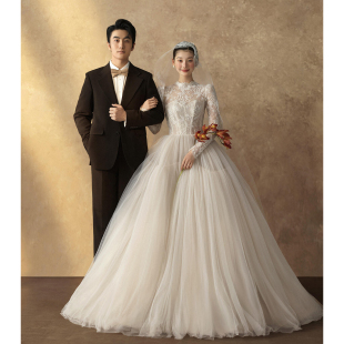 小拖尾主纱森系仙气轻奢 新娘高级感长袖 法式 公主蕾丝婚纱2025新款