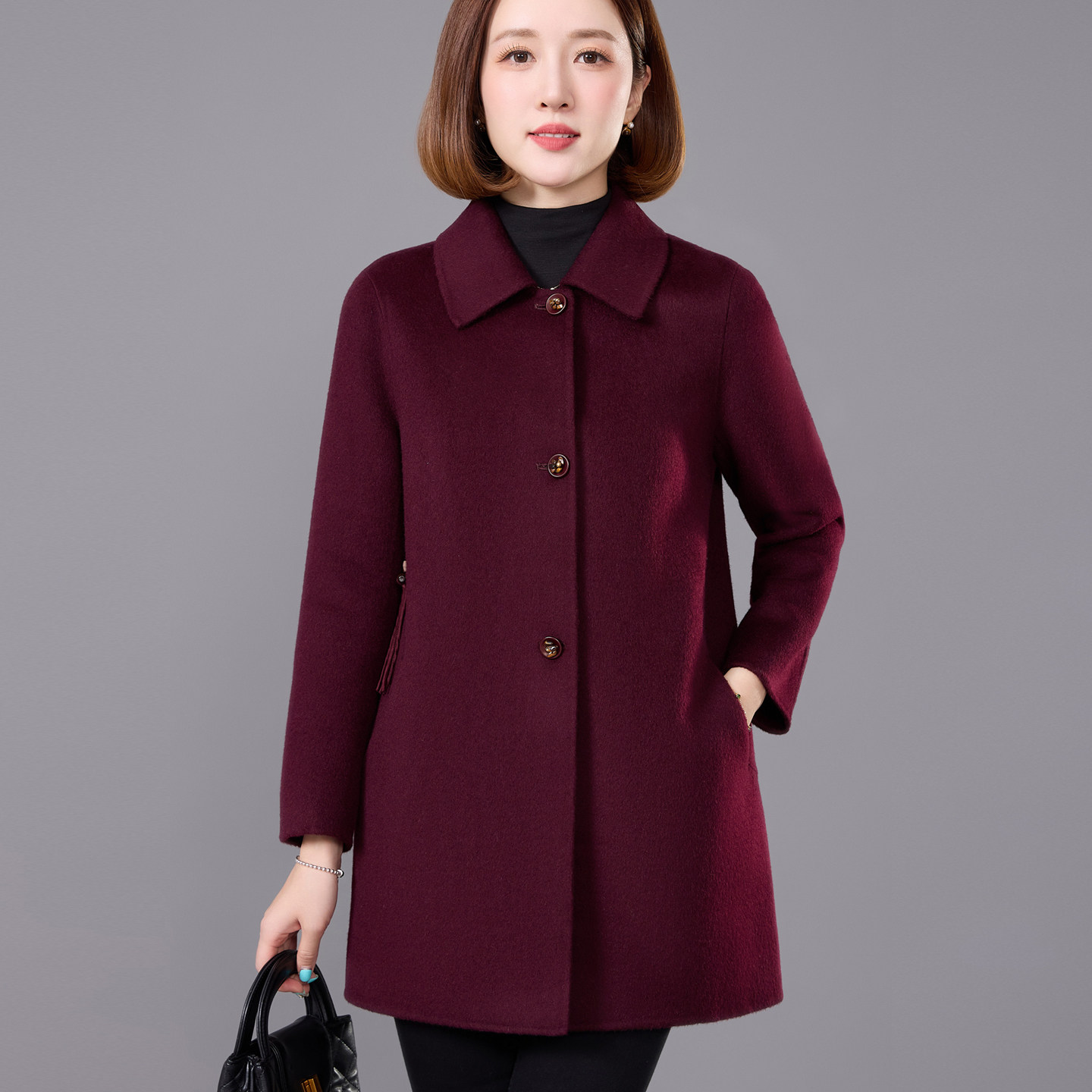 妈妈装秋冬新款高端双面呢大衣女中老年中长款小个子羊毛呢子外套