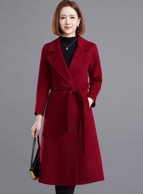 双面羊绒赫本风红色西装呢子大衣女中长款秋冬新款妈妈羊毛呢外套