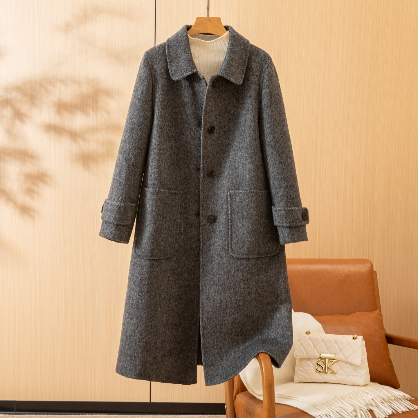 牦牛绒灰色羊毛双面呢大衣女中长款秋冬新款高级感小个子毛呢外套