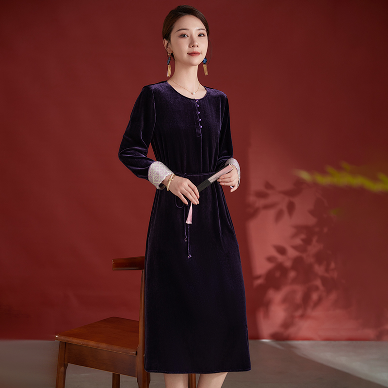 高端真丝金丝绒连衣裙女高贵气质