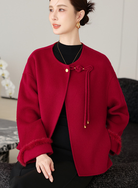 国风红色双面羊绒大衣女短款秋冬新款宽松高级感小香风羊毛呢外套