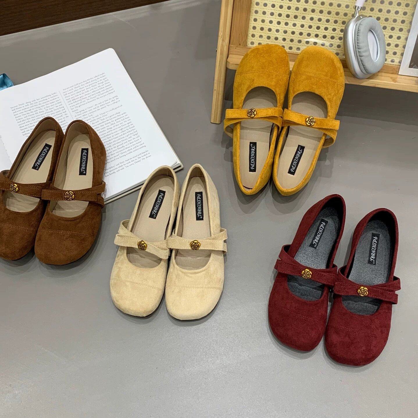 FSHINBRI 法式复古风浅口玛丽珍鞋茶花一字扣带平底单鞋配裙子,女鞋,浅口单鞋,淘宝优惠券,粉丝福利购,淘宝优惠卷