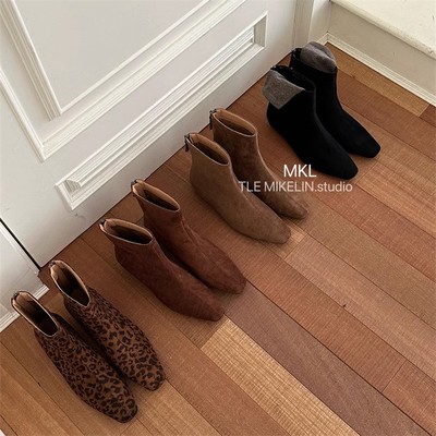 秋冬新款绒面小方头瘦瘦靴单靴