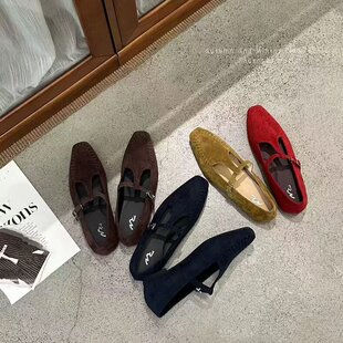 muzi复古老钱风绒面小方头T字带扣带玛丽珍鞋 气质内增高通勤单鞋