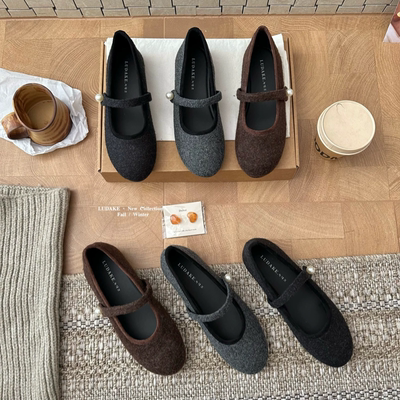 LUDAKE鹿大可 法式小香圆头珍珠扣带玛丽珍鞋平底气质毛呢单鞋女