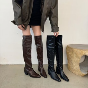 NAIJIAOER博主穿搭 复古方头高跟高筒靴子显瘦过膝长靴直筒靴 韩版