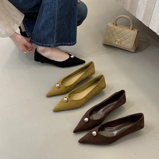 BEAN 女中跟百搭工作鞋 MONTH 珍珠绒面尖头浅口单鞋 法式 COLORED