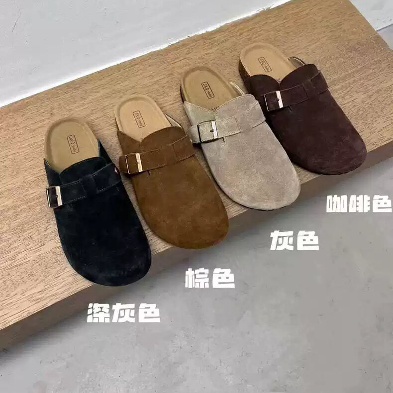 Jinxingqi懒惰风百搭懒人包头半拖鞋2025新款真皮软木厚底勃肯鞋