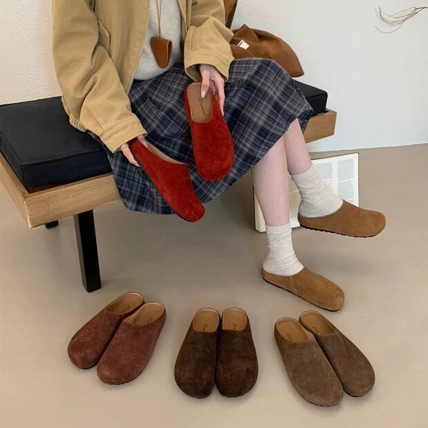 Zuyaolan秋冬季松弛感懒人一脚蹬勃肯鞋复古真皮厚底包头半拖鞋女