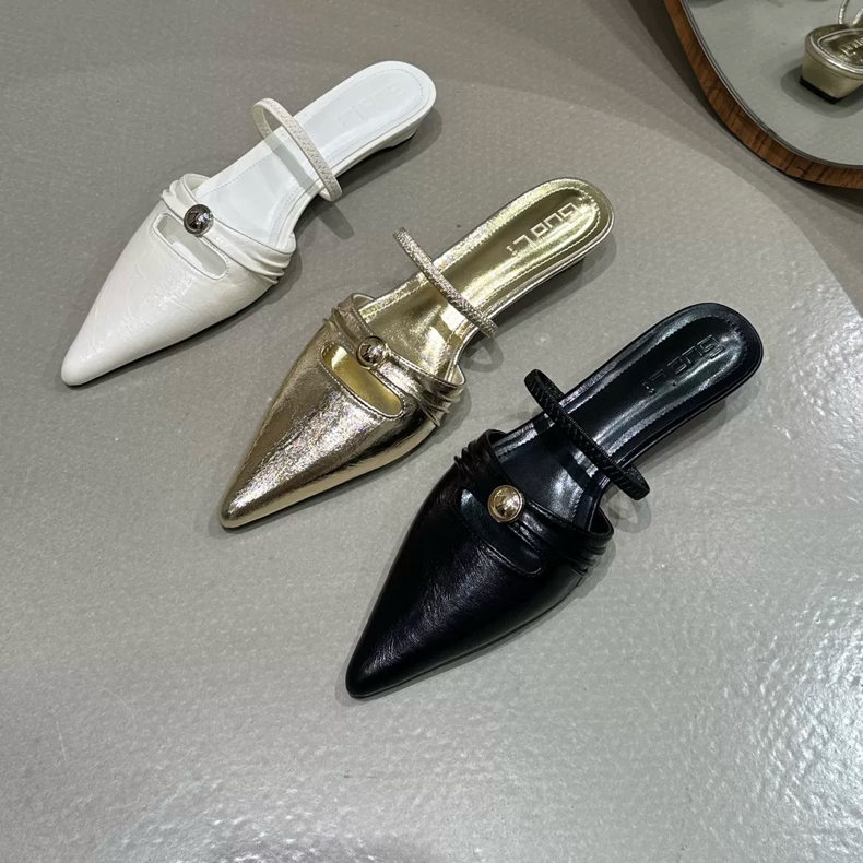 Guo Li轻熟风尖头穆勒鞋女平底金属扣带包头半拖鞋外穿一脚蹬女鞋