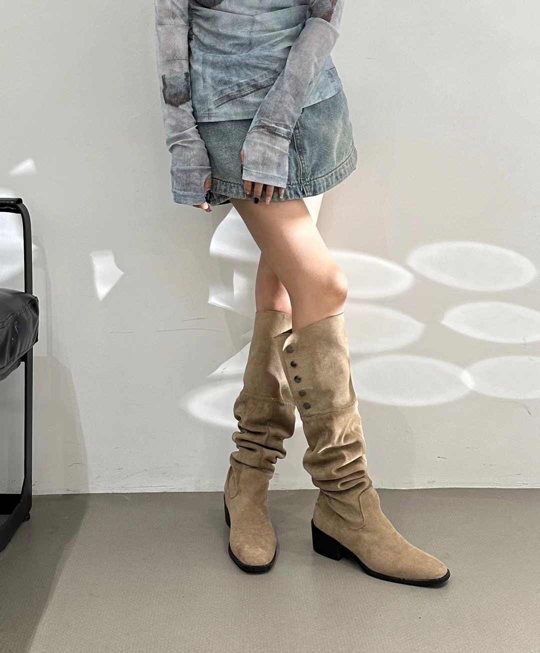 翻折两穿高筒长靴粗腿显瘦时装靴