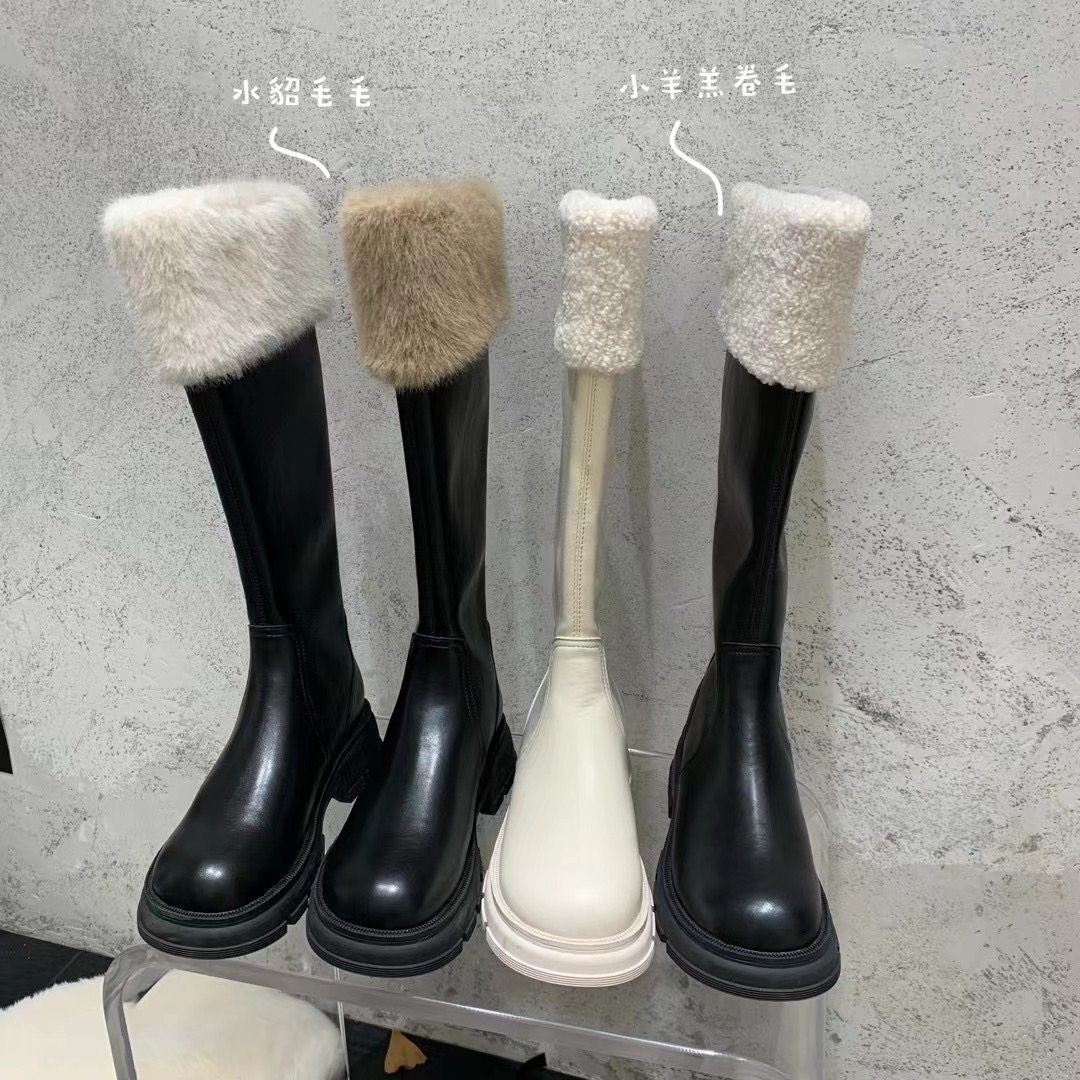 alilover阿里情人 羊羔毛长筒靴女冬加绒不过膝骑士靴高筒雪地靴