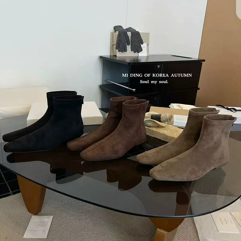 MIDING米町韩系复古绒面粗跟瘦瘦靴女简约气质显瘦加绒时装靴短靴