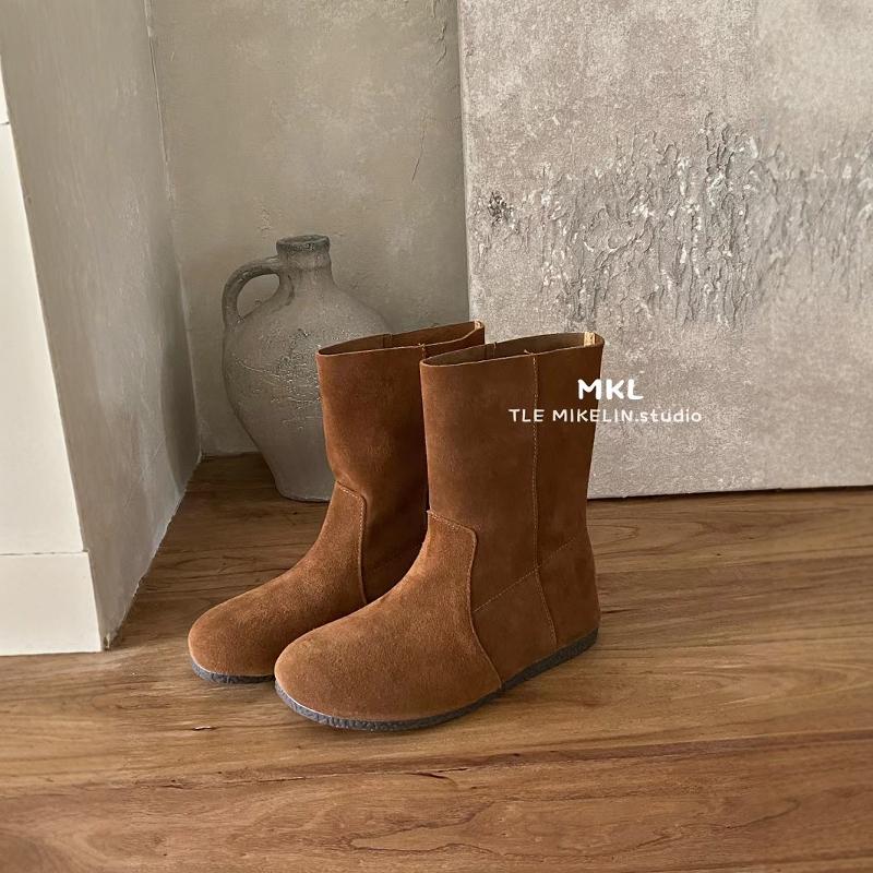 韩版圆头真皮套筒短靴2023秋冬