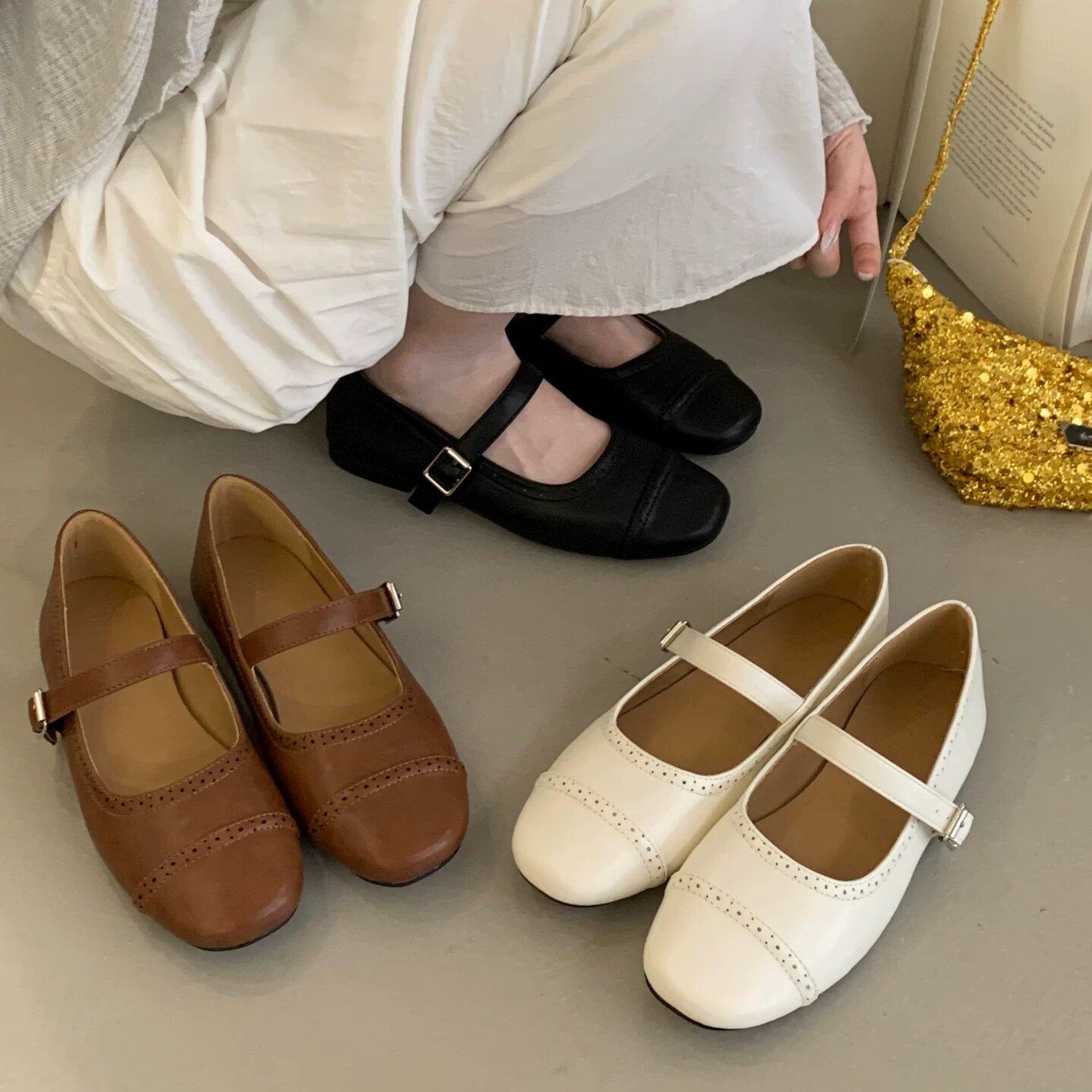 SHOE-REN 法式复古一字带平底单鞋女2026新款韩版百搭圆头奶奶鞋,女鞋,浅口单鞋,淘宝优惠券,粉丝福利购,淘宝优惠卷