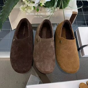 MIDING米町复古真皮加绒内增高小土豆全包勃肯鞋懒人一脚蹬毛毛鞋