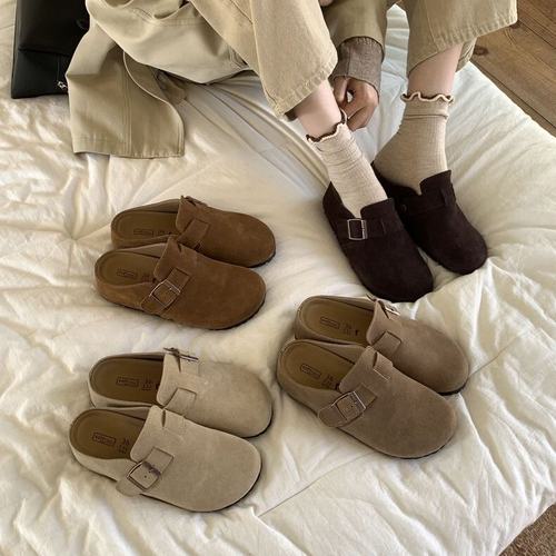 复古丑萌真皮一脚蹬包头半拖鞋