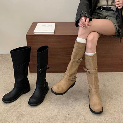 SHOE-REN 爆款流行复古皮带扣高筒靴女夏季粗跟骑士靴显瘦时装靴