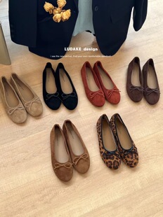 LUDAKE鹿大可 日常搭配温柔浅口芭蕾舞鞋蝴蝶结平底瓢鞋豹纹单鞋