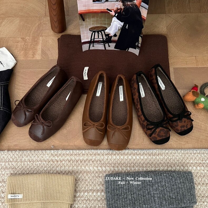 LUDAKE鹿大可 秋冬复古加绒蝴蝶结芭蕾单鞋豹纹保暖平底浅口瓢鞋