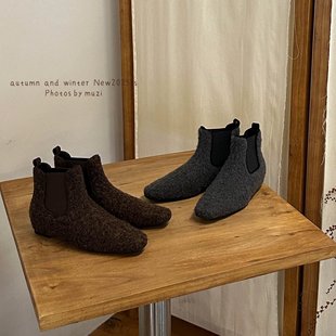 MUZI 方头内增高切尔西靴女 韩系复古毛呢加绒保暖短靴女2026新款