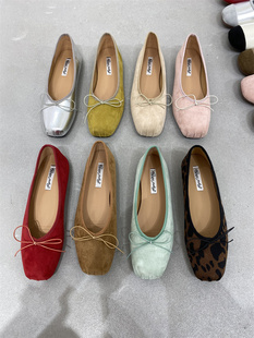 法式平底绒面芭蕾舞单鞋女鞋子春秋2024新款春夏蝴蝶结红色晚晚鞋