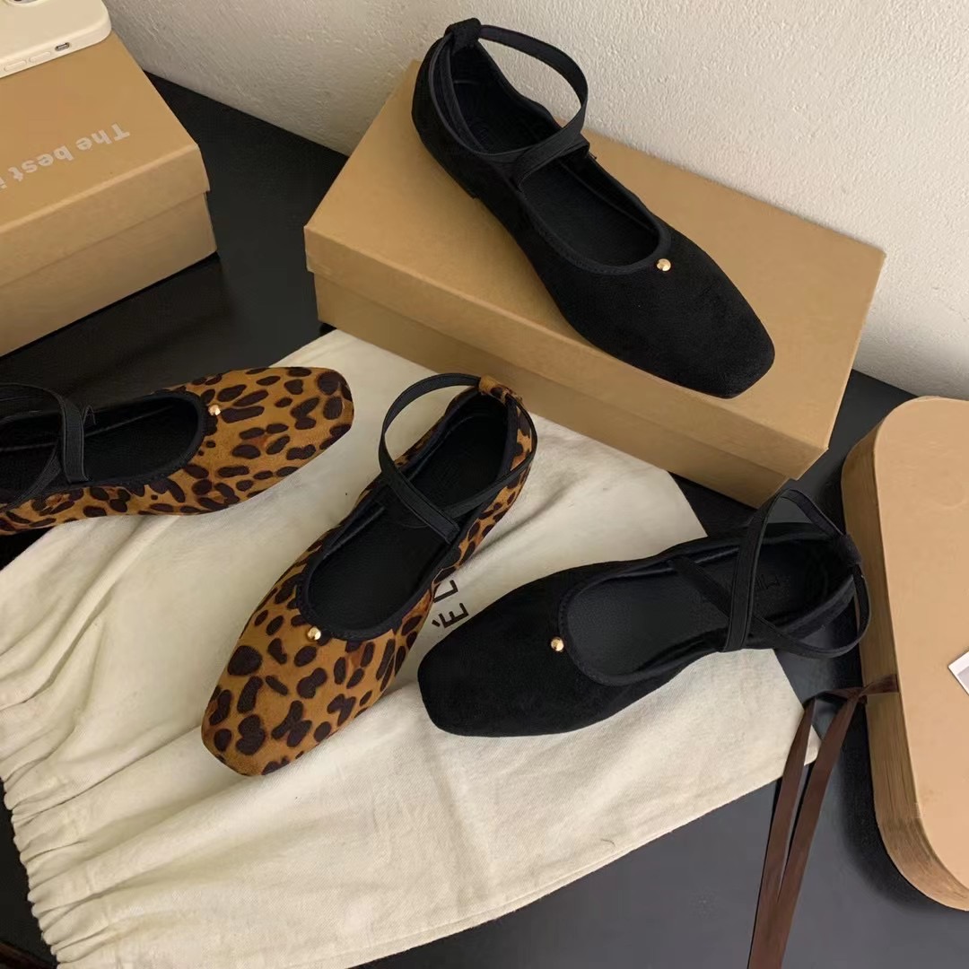 MIBEILIN韩国东大门豹纹绒面方头浅口芭蕾舞鞋休闲百搭软底单鞋女