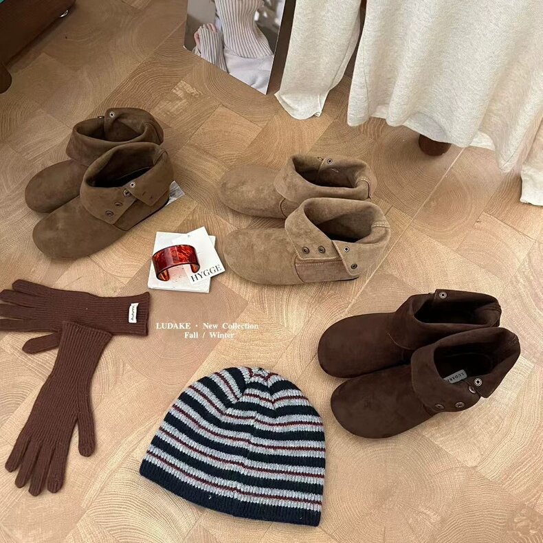 LUDAKE鹿大可 加绒版～翻折两穿韩版复古短靴秋冬百搭休闲西部靴