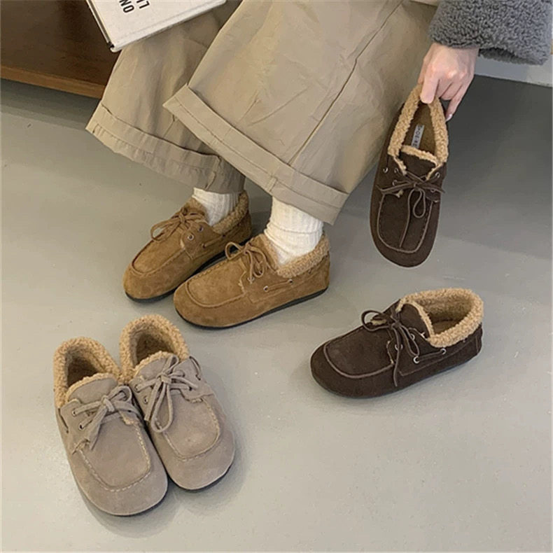SHOEREN牛皮版~韩版真皮系带加绒乐福鞋女复古圆头保暖豆豆鞋棉鞋,女鞋,浅口单鞋,淘宝优惠券,粉丝福利购,淘宝优惠卷
